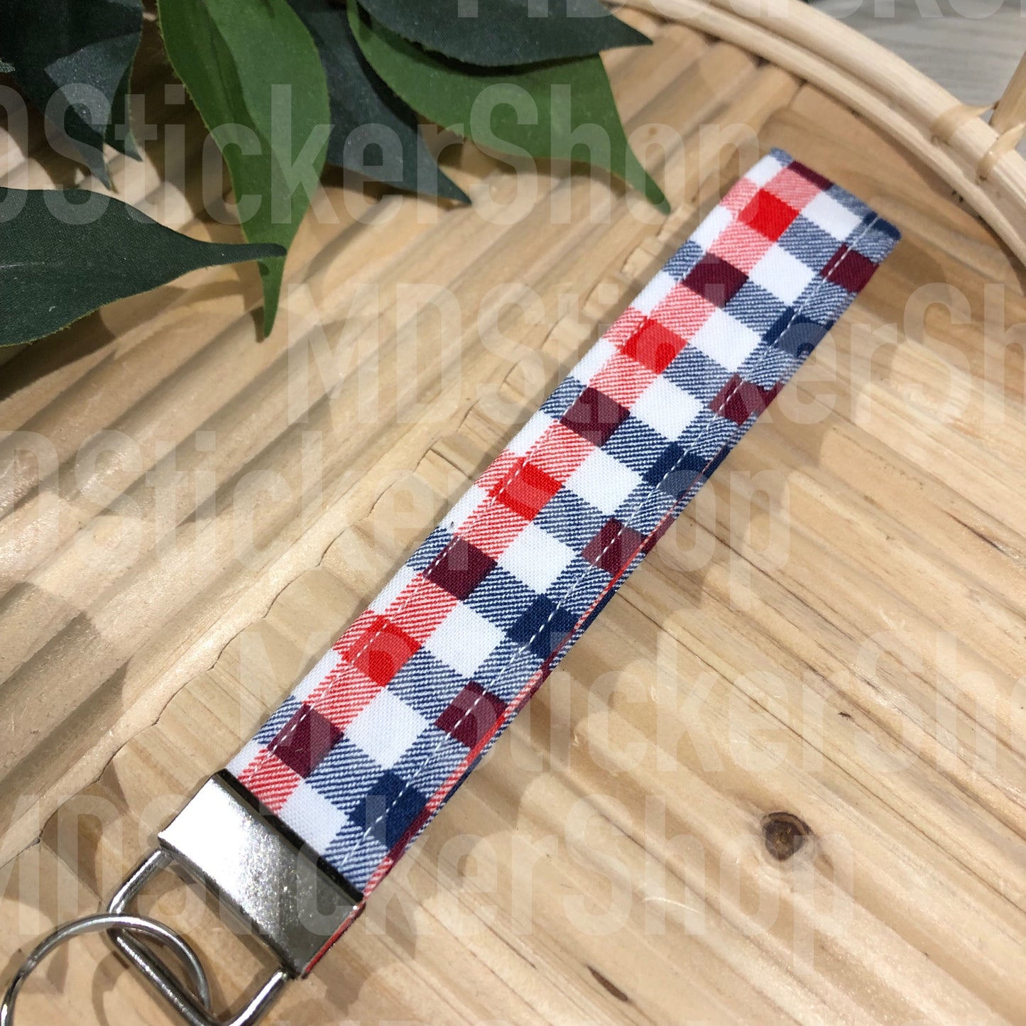 Red, White, and Navy Plaid Print Fabric Keychain, Key Fob