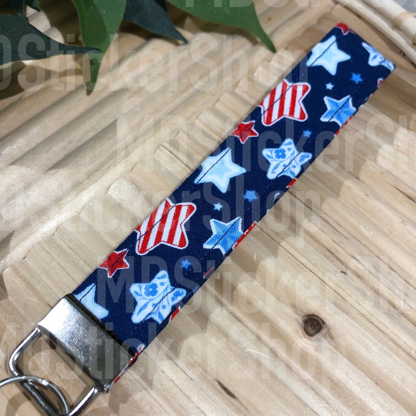 Navy Patterned Star Print Fabric Keychain, Key Fob
