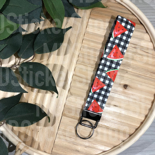 Watermelon on Gingham Print Fabric Keychain, Key Fob