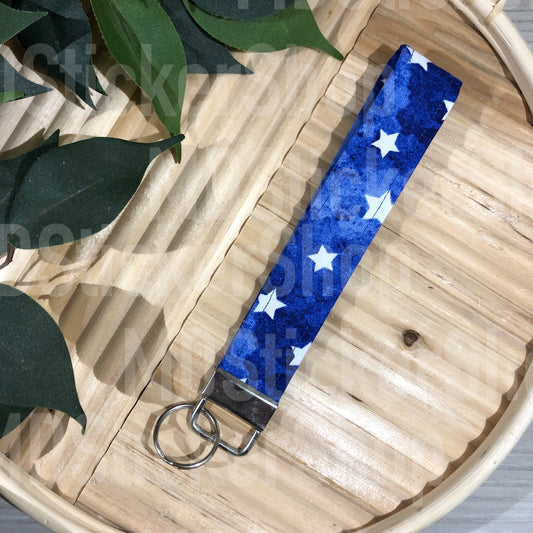 Blue Star Print Fabric Keychain, Key Fob