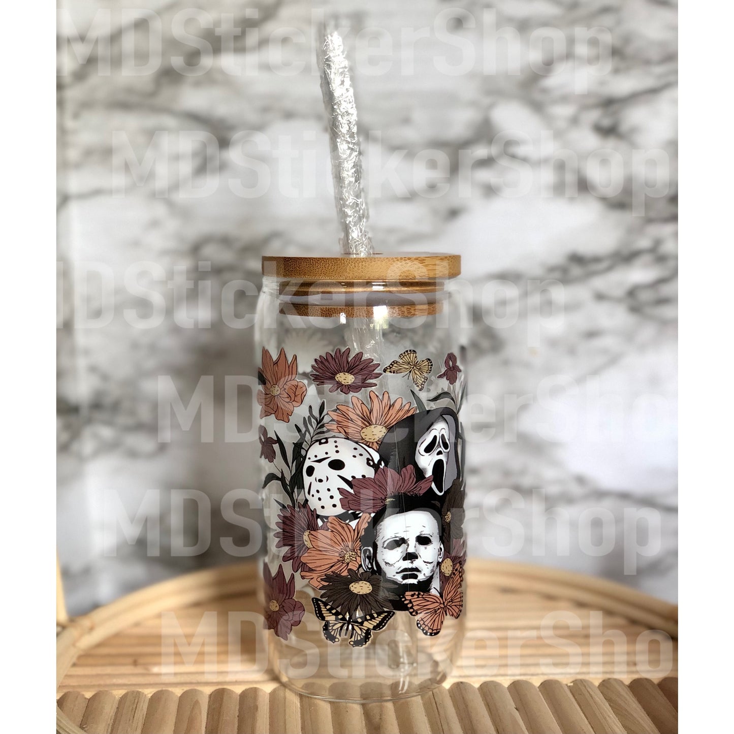 Horror Characters Floral Halloween Beer Can Glass Cup