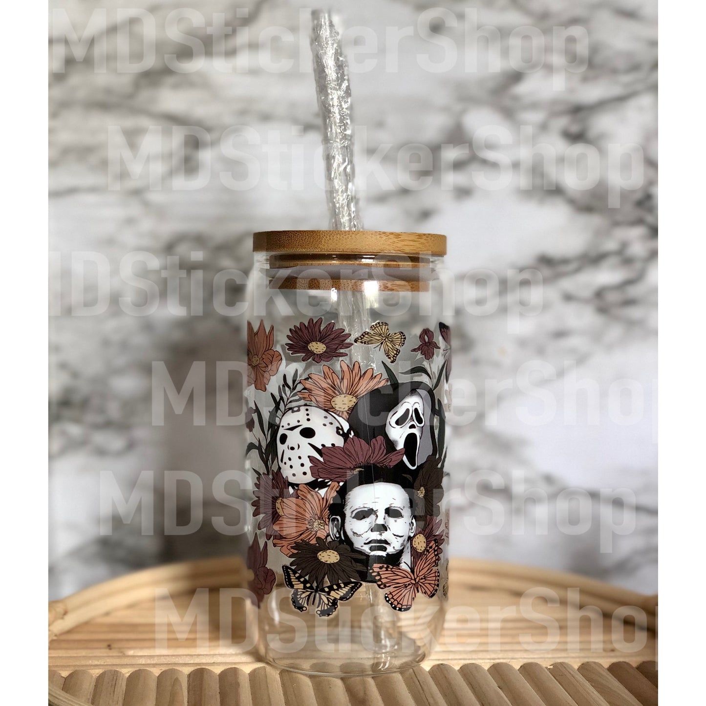 Horror Characters Floral Halloween Beer Can Glass Cup