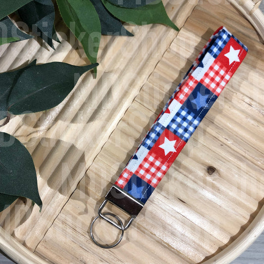 Patriotic Patchwork Print Fabric Keychain, Key Fob