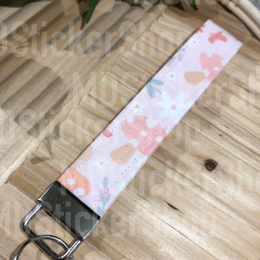 Pink Floral Mushroom Print Fabric Keychain, Key Fob