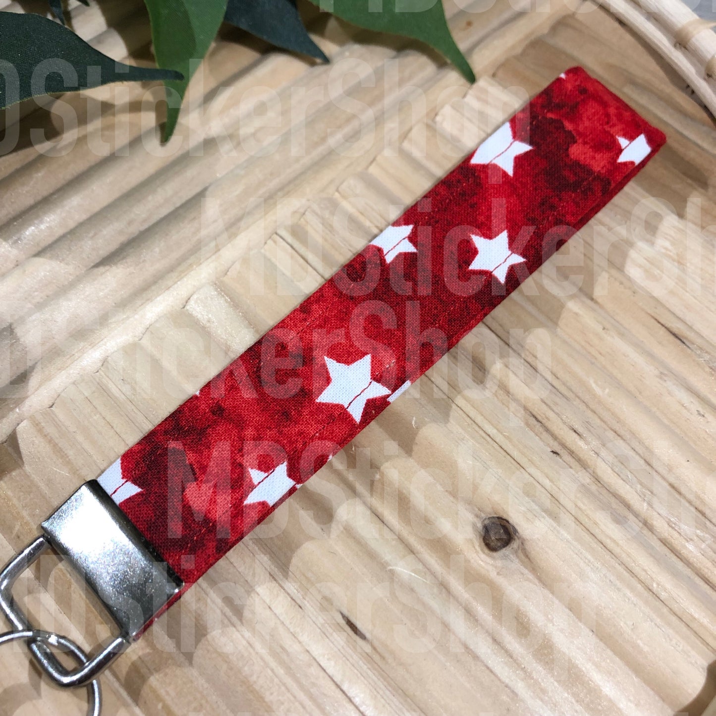 Red Star Print Fabric Keychain, Key Fob