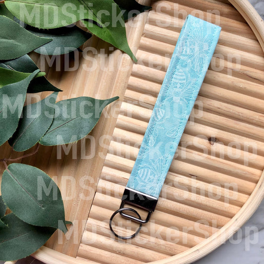 Mint Blue Bee Outline Print Fabric Keychain