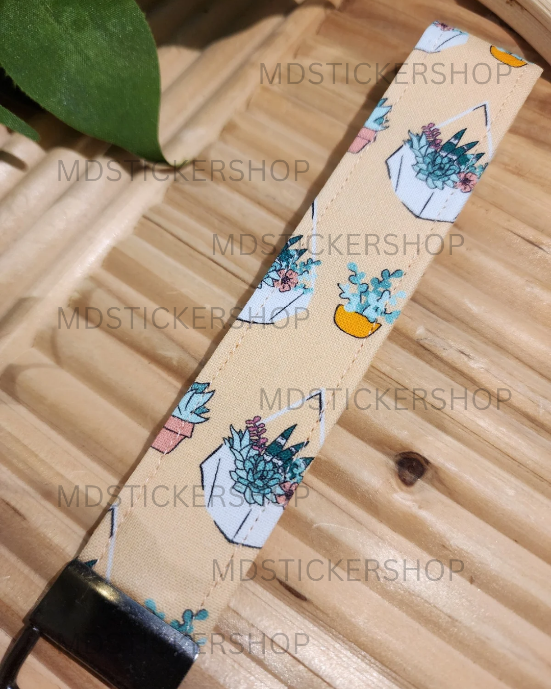 Peach Potted Plant Print Fabric Keychain, Key Fob