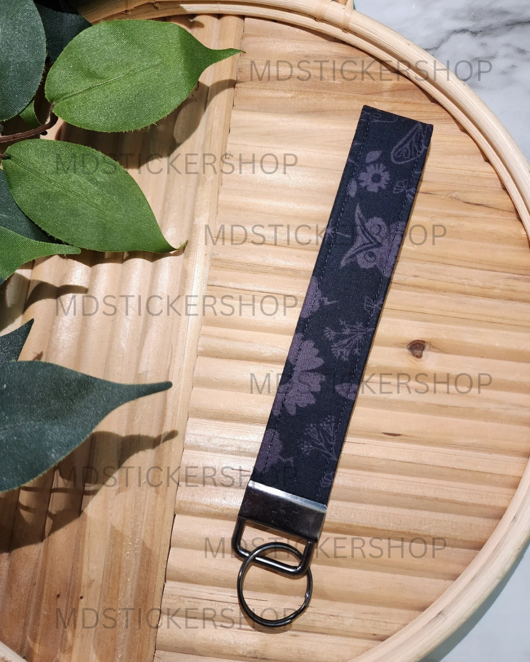 Black & Purple Owl Print Fabric Keychain, Key Fob