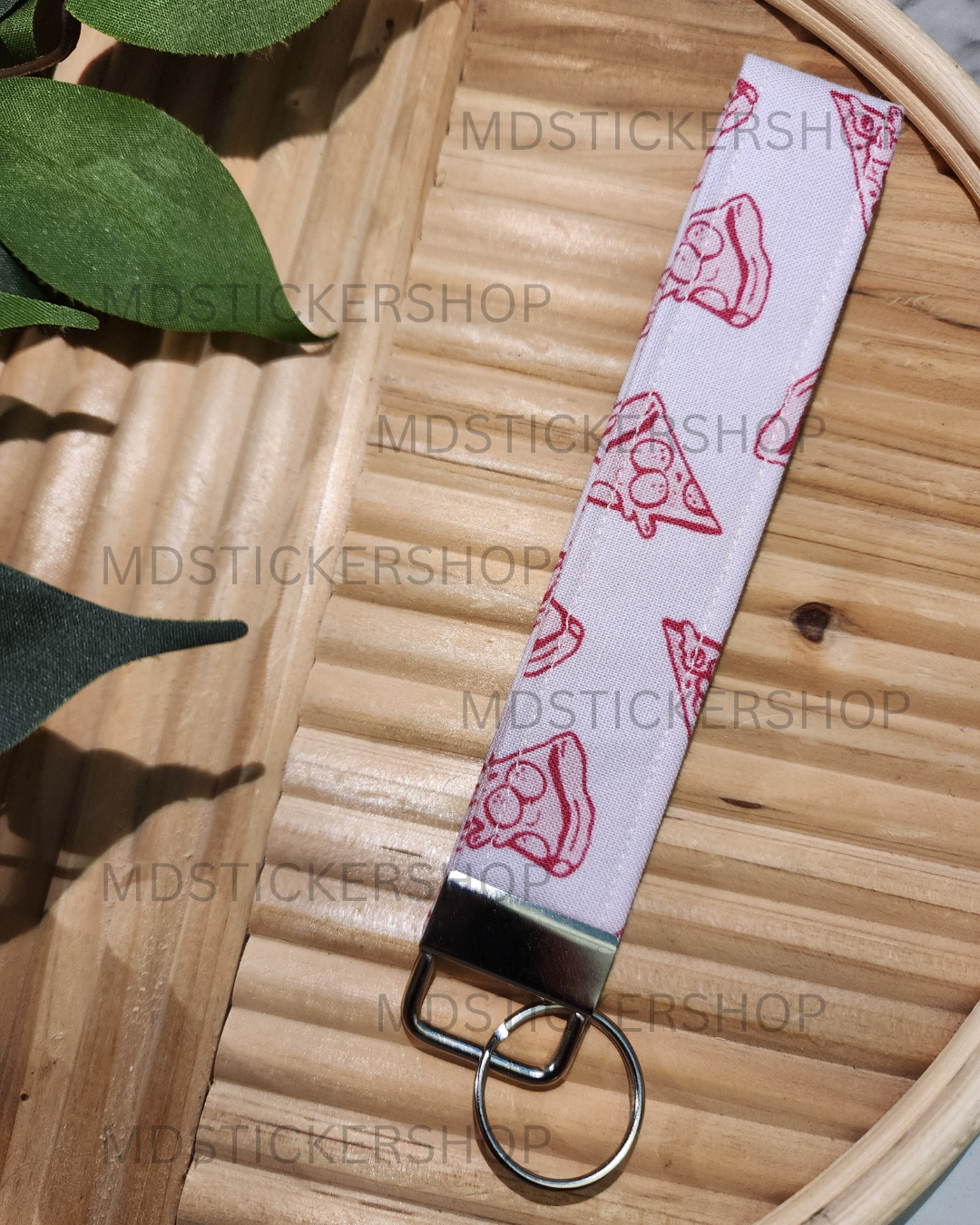 Pink Pizza Print Fabric Keychain, Key Fob