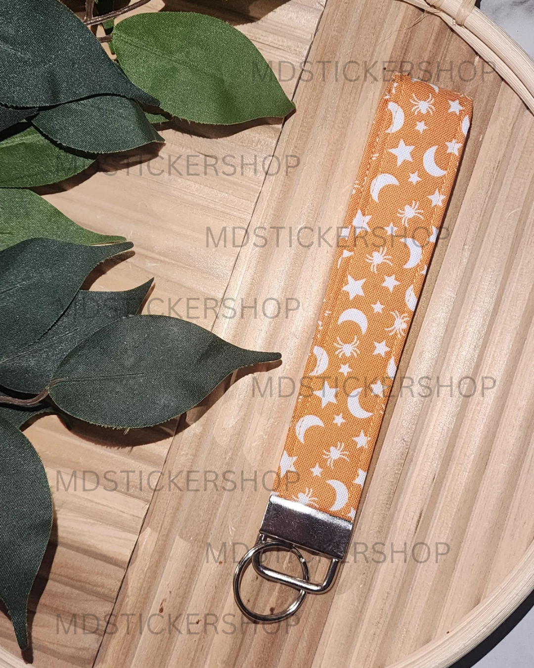 Orange Moon Print Fabric Keychain, Key Fob