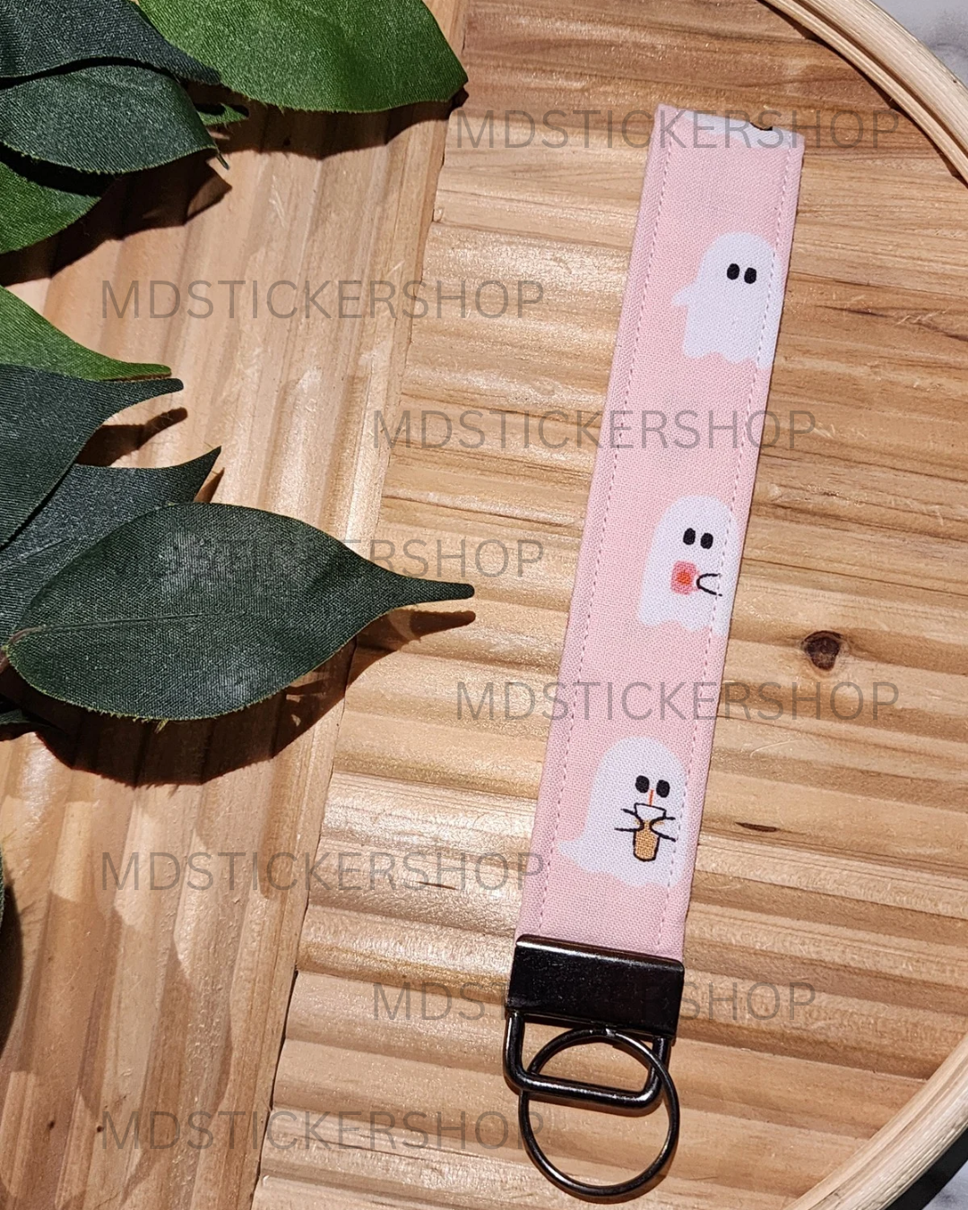 Coffee Ghost Print Fabric Keychain, Key Fob