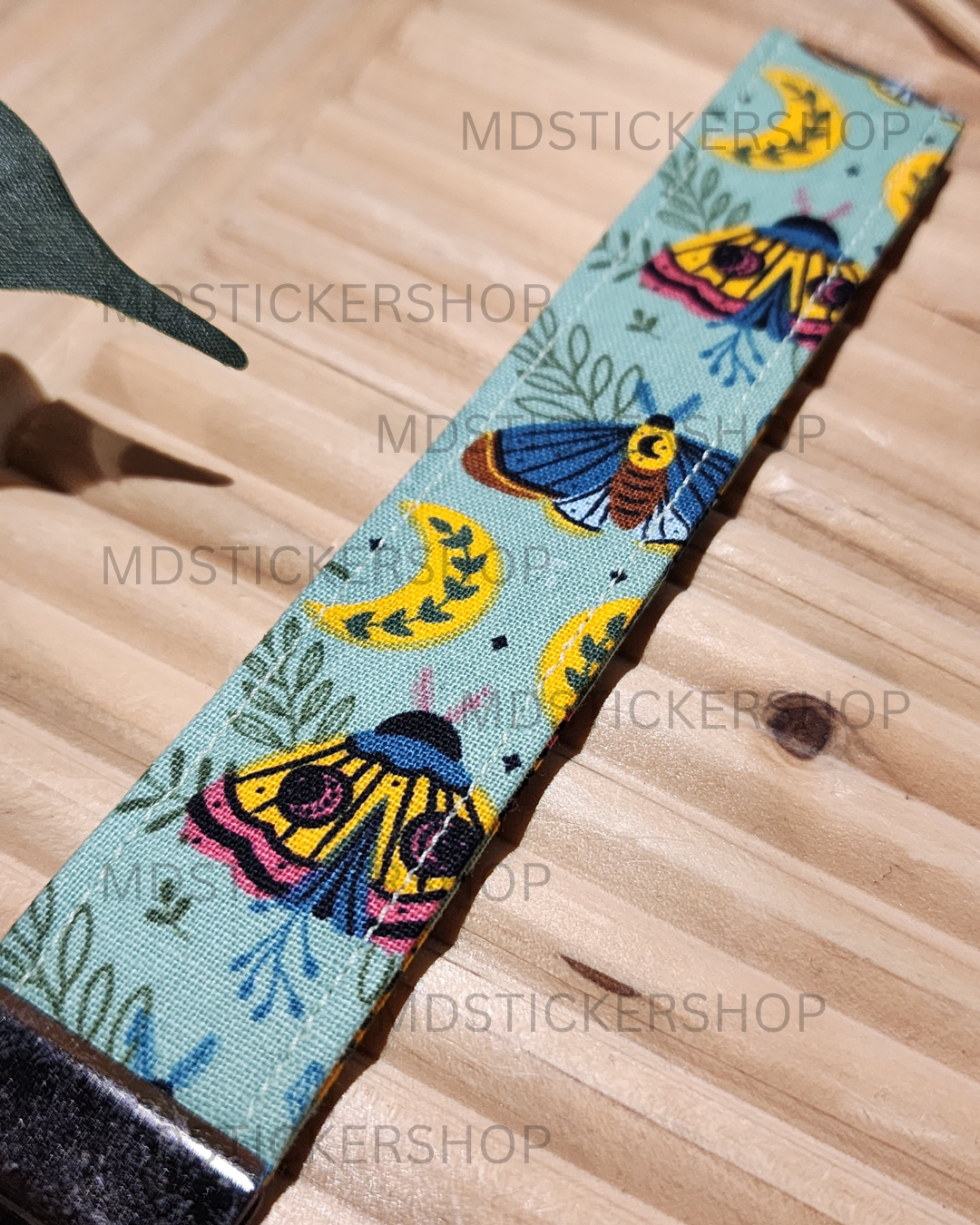 Green Moth Print Fabric Keychain, Key Fob