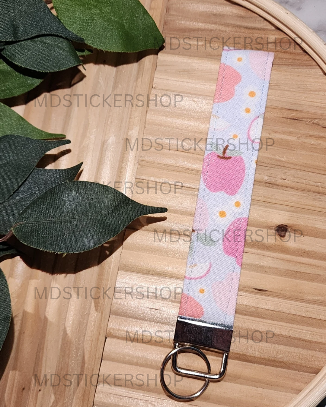 Floral Apple / Teacher Print Fabric Keychain, Key Fob