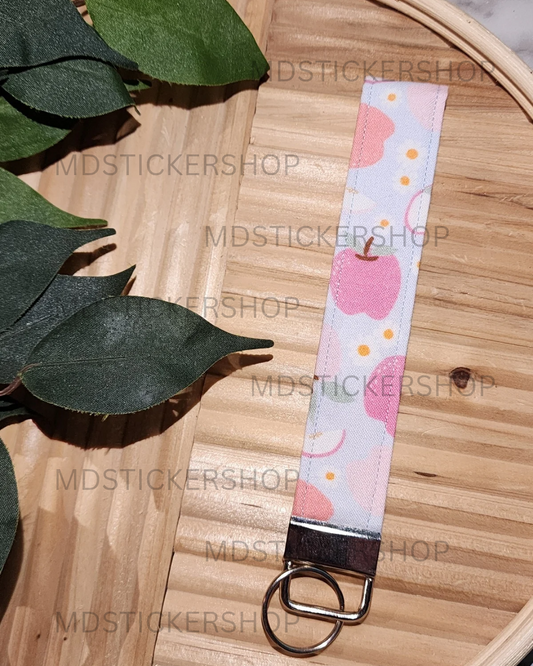 Floral Apple / Teacher Print Fabric Keychain, Key Fob