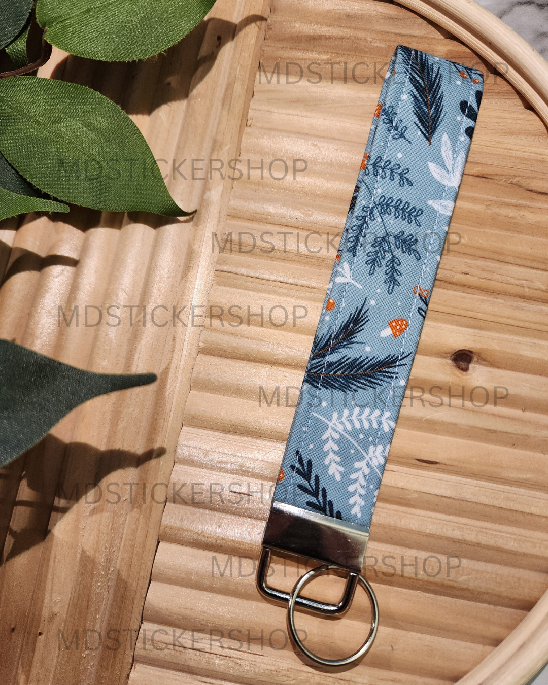 Winter Greenery Print Fabric Keychain, Key Fob