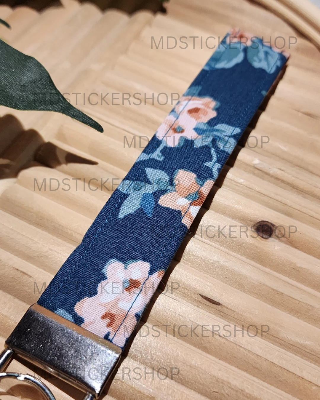 Navy and Pink Floral Print Fabric Keychain, Key Fob