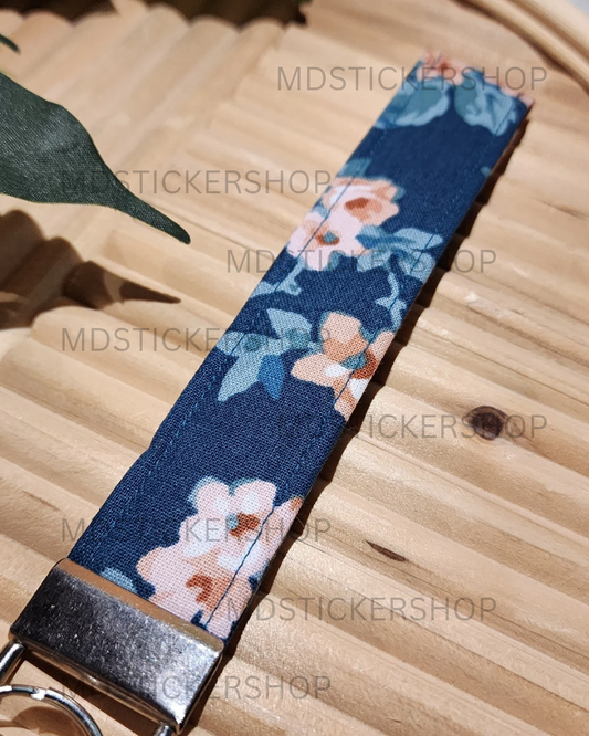Navy and Pink Floral Print Fabric Keychain, Key Fob