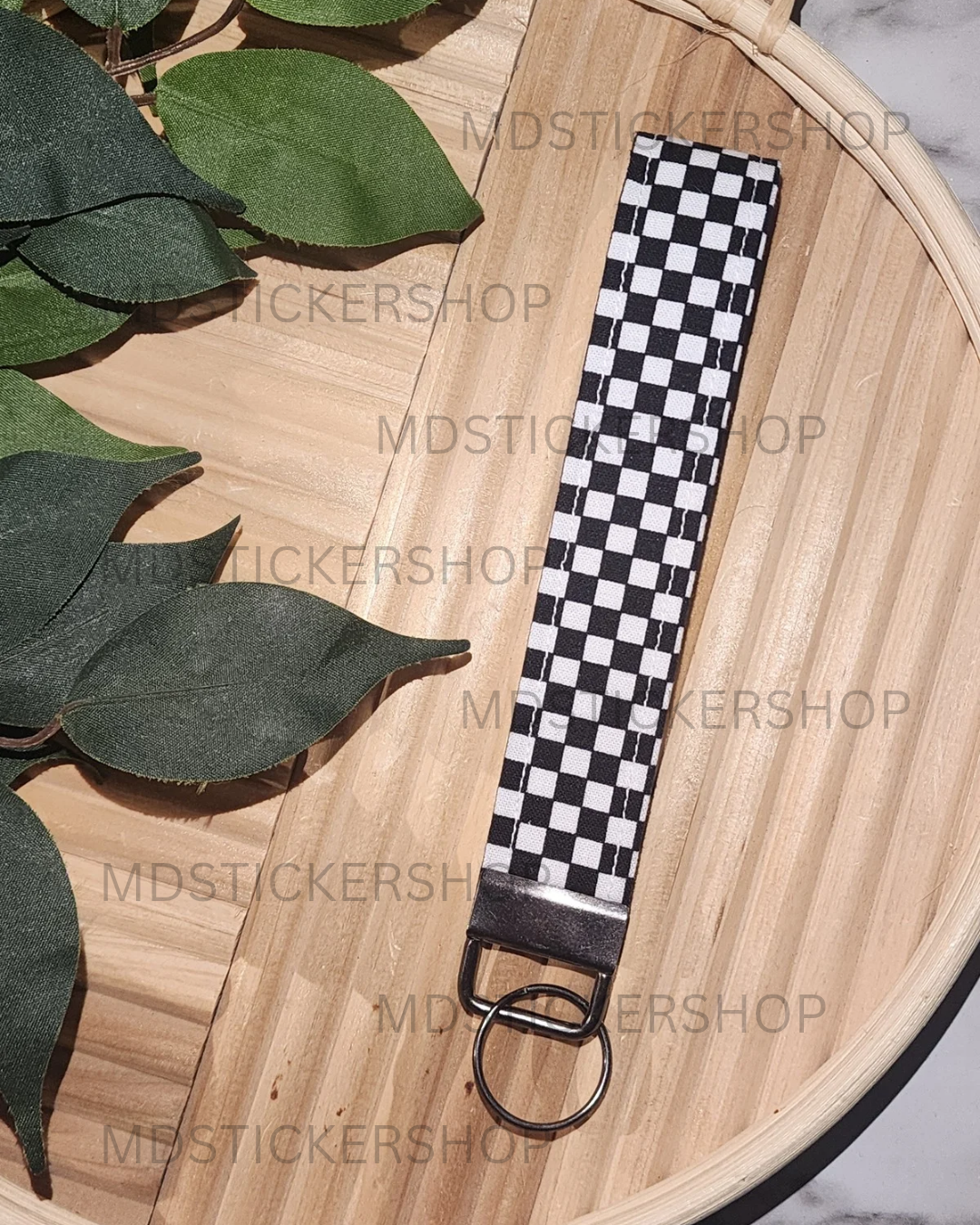 Mini B&W Check Print Fabric Keychain, Key Fob