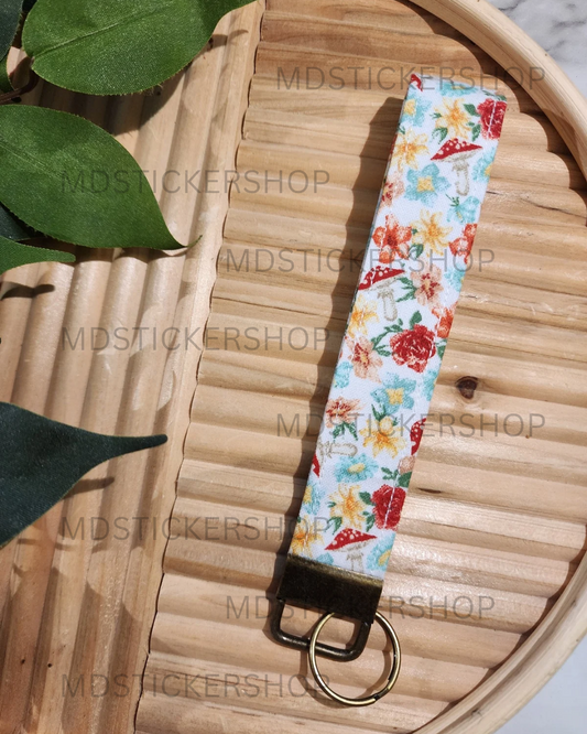 Floral Mushroom on White Print Fabric Keychain, Key Fob