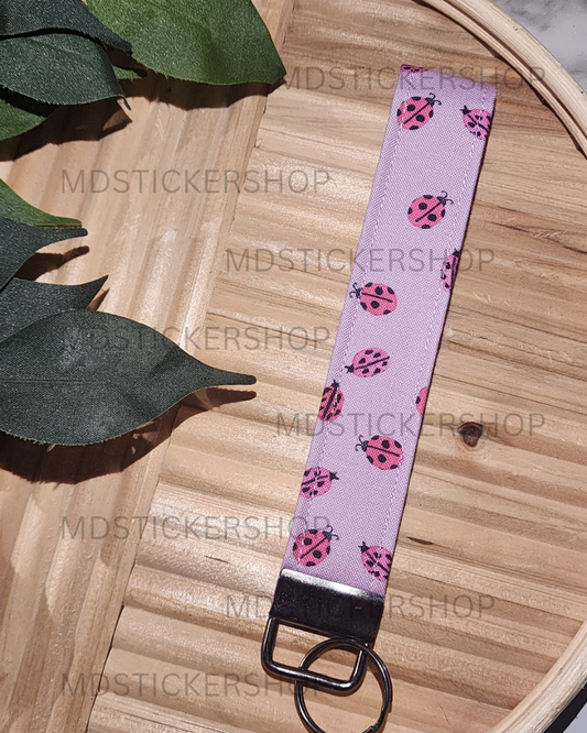 Purple Lady Bug Print Fabric Keychain, Key Fob