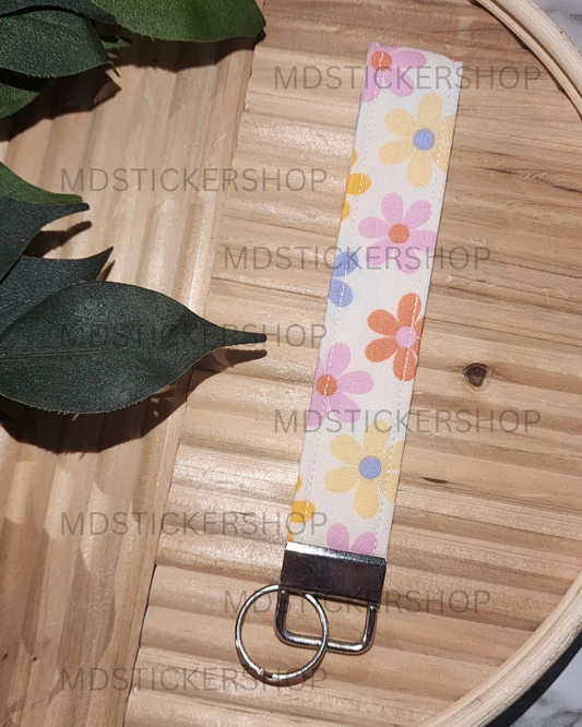 Pastel Daisy Print Fabric Keychain, Key Fob