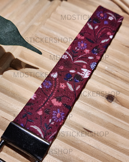 Maroon Garden Print Fabric Keychain, Key Fob