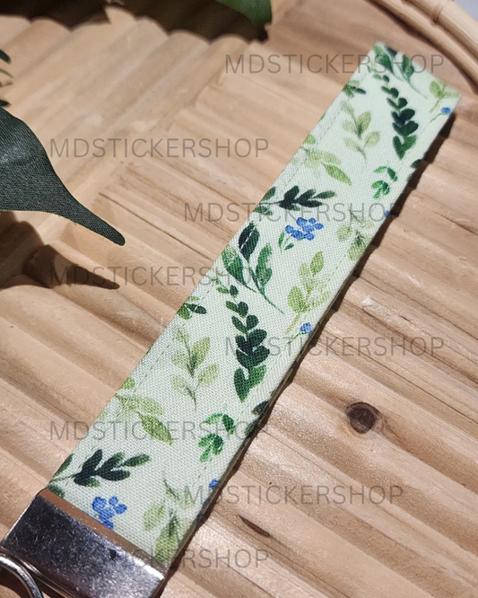 Light Green Greenery Print Fabric Keychain, Key Fob