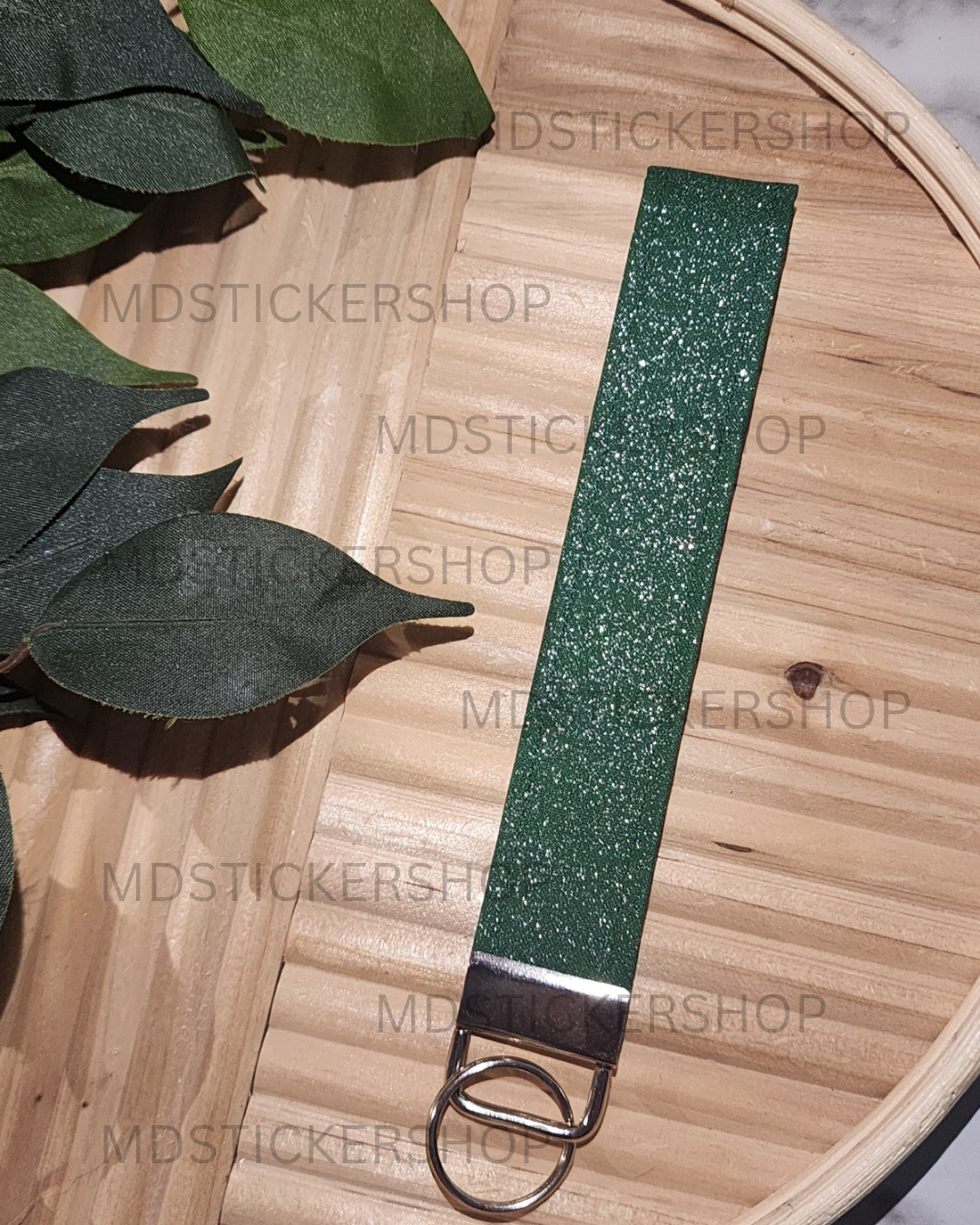 Green Glitter Print Fabric Keychain, Key Fob