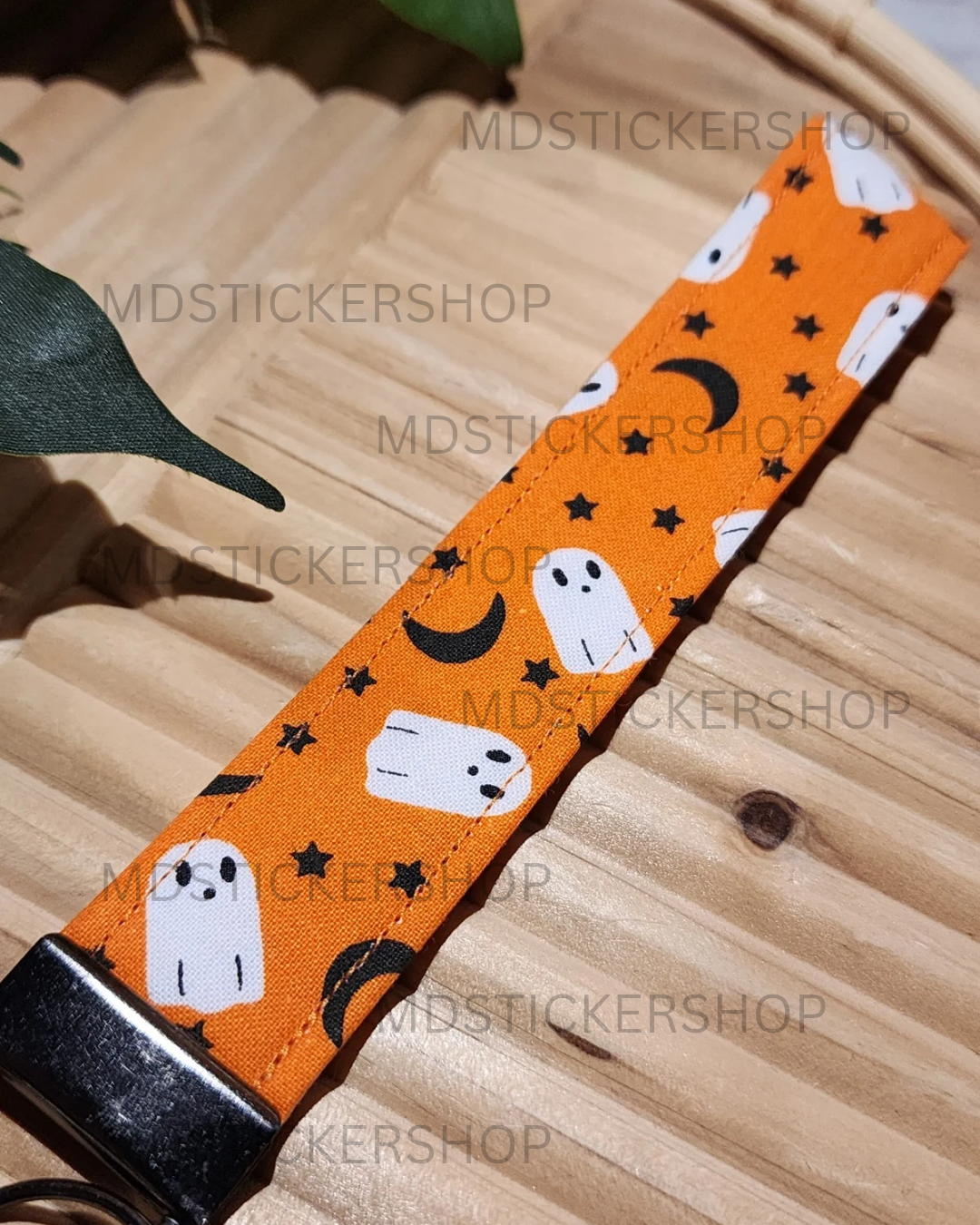 Orange Ghost Print Fabric Keychain, Key Fob