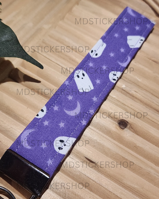 Purple Ghost Print Fabric Keychain, Key Fob