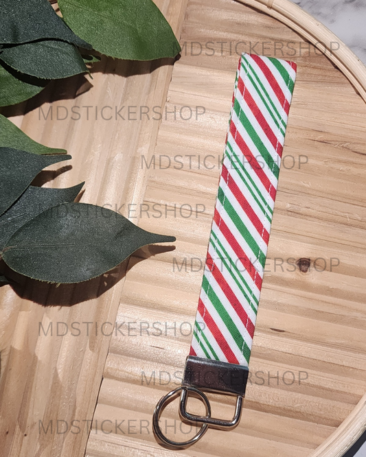 Christmas Stripe Print Fabric Keychain, Key Fob