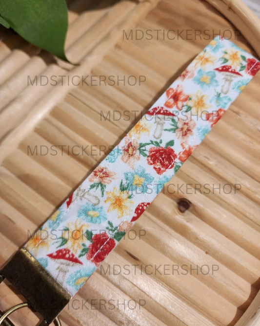 Floral Mushroom on White Print Fabric Keychain, Key Fob