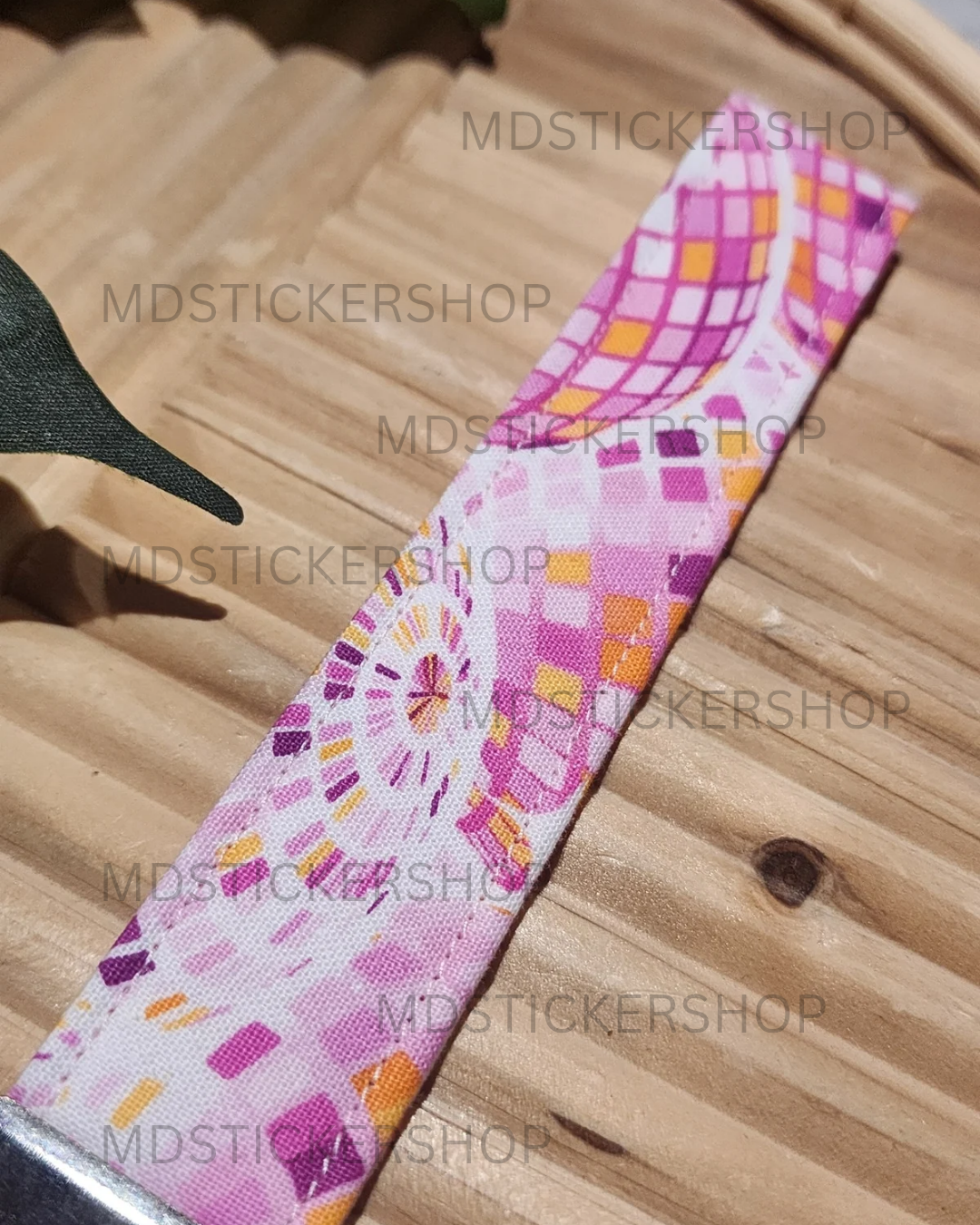 Pink Disco Print Fabric Keychain, Key Fob
