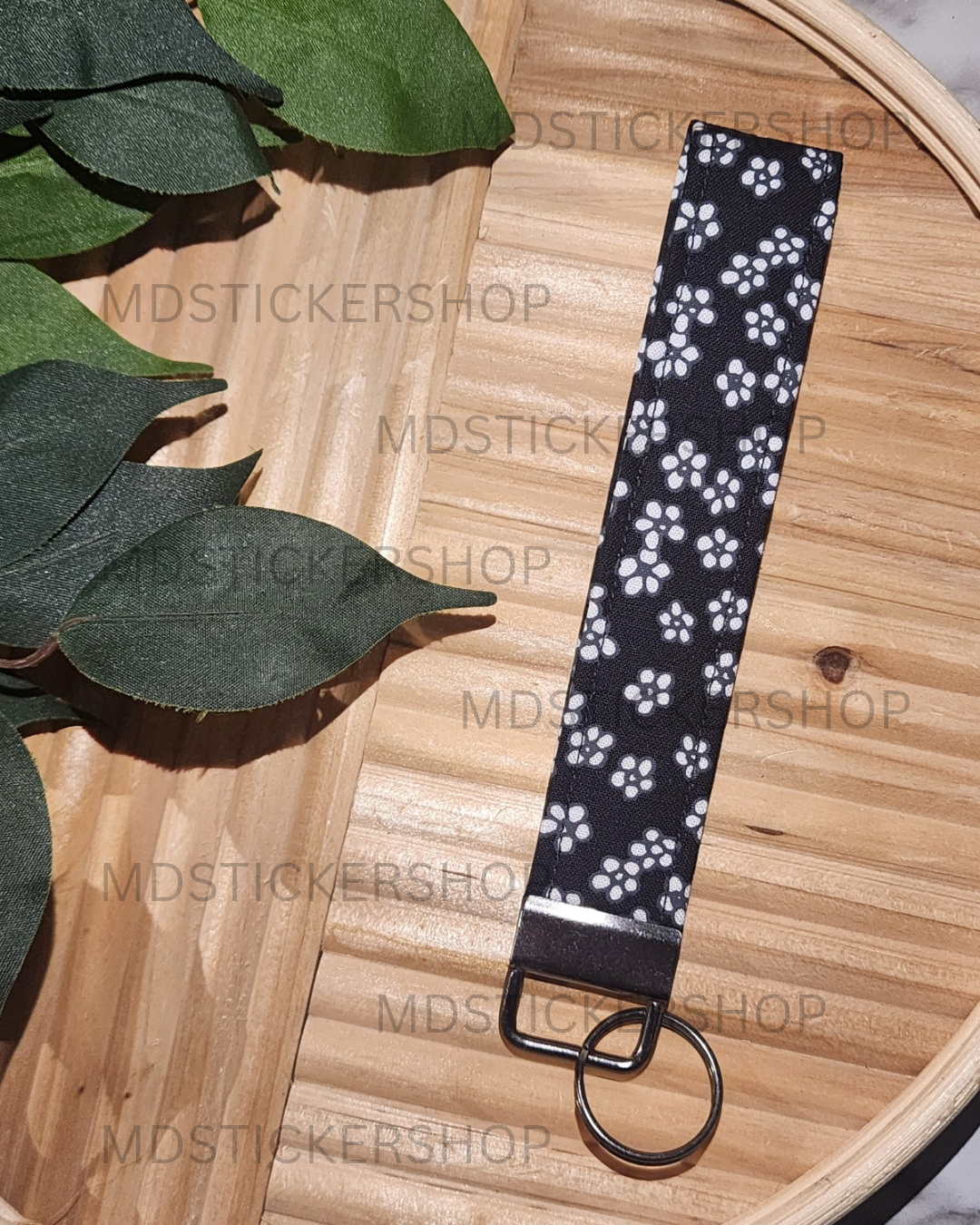 Tiny White Flowers on Black Print Fabric Keychain, Key Fob