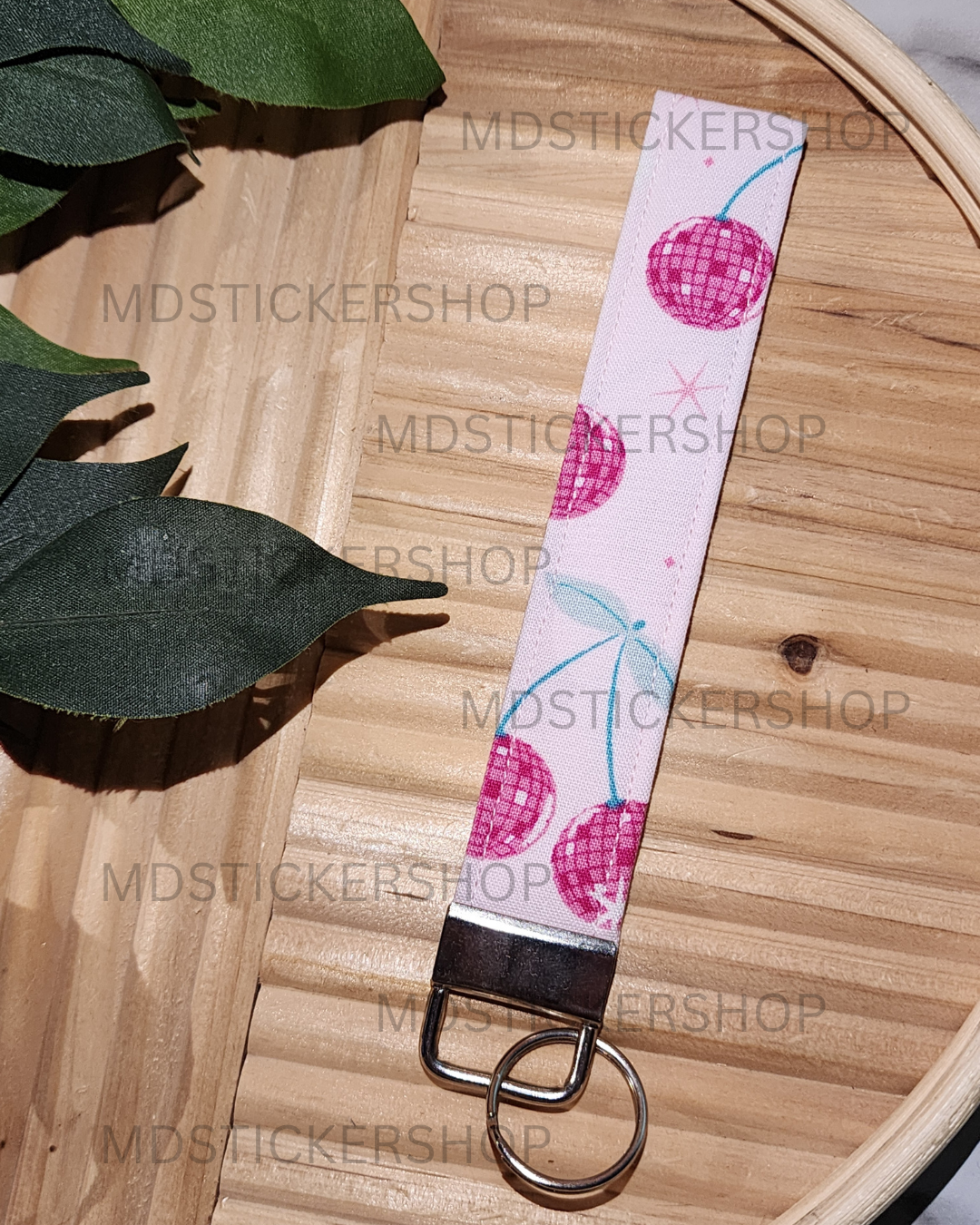 Disco Cherry Print Fabric Keychain, Key Fob