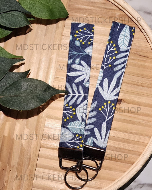 Blue Tropical Print Fabric Keychain, Key Fob