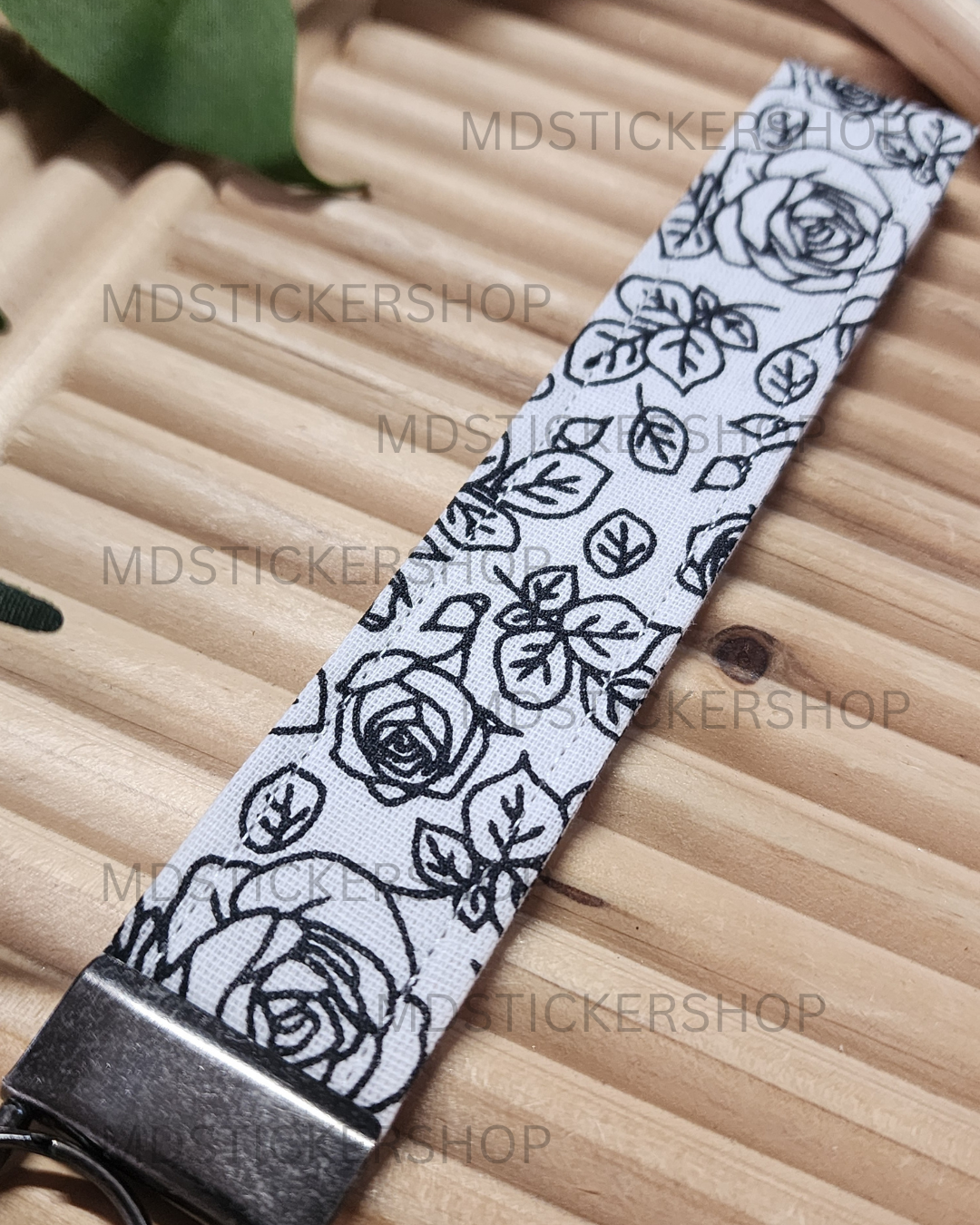 Black Floral Outline Print Fabric Keychain, Key Fob
