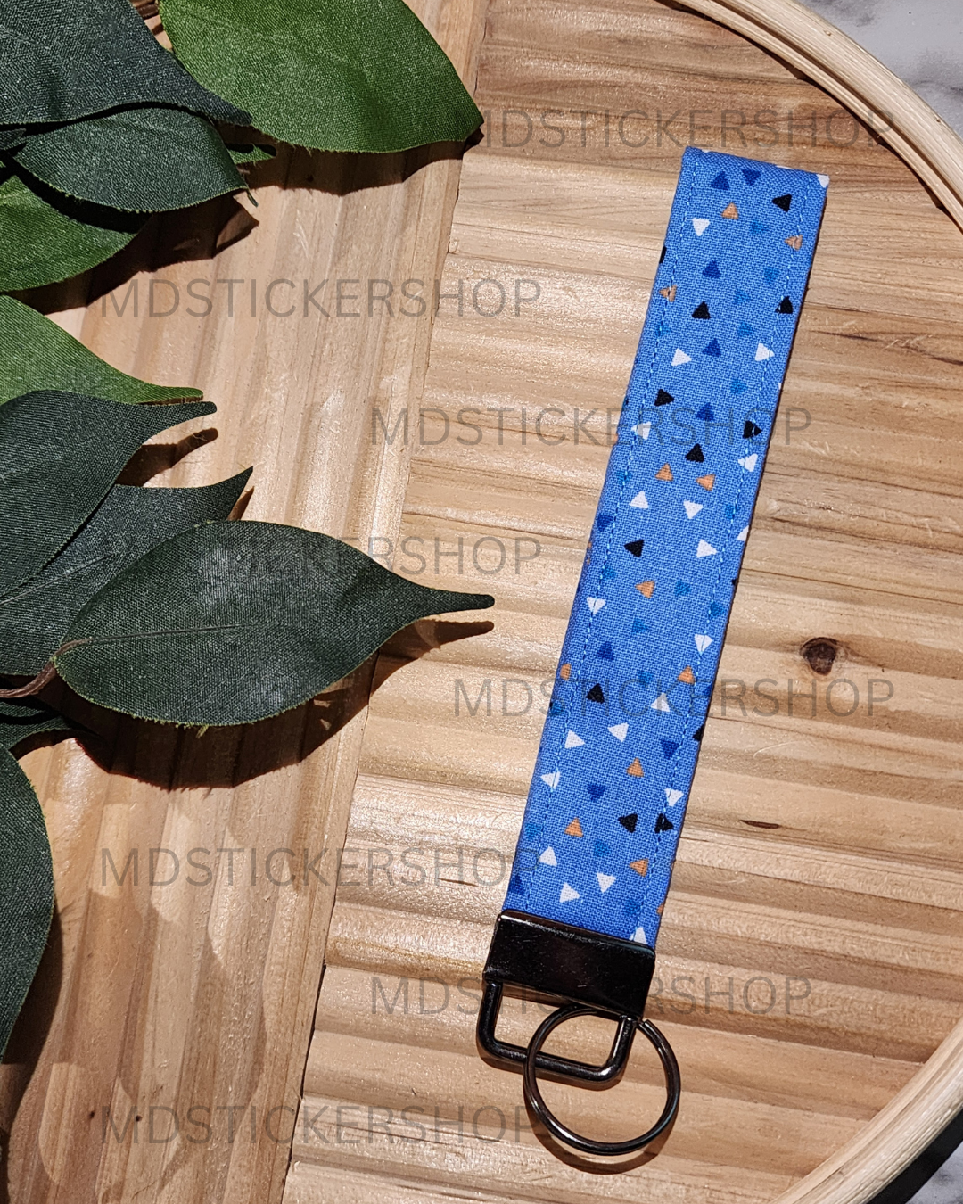 Blue Triangle Print Fabric Keychain, Key Fob