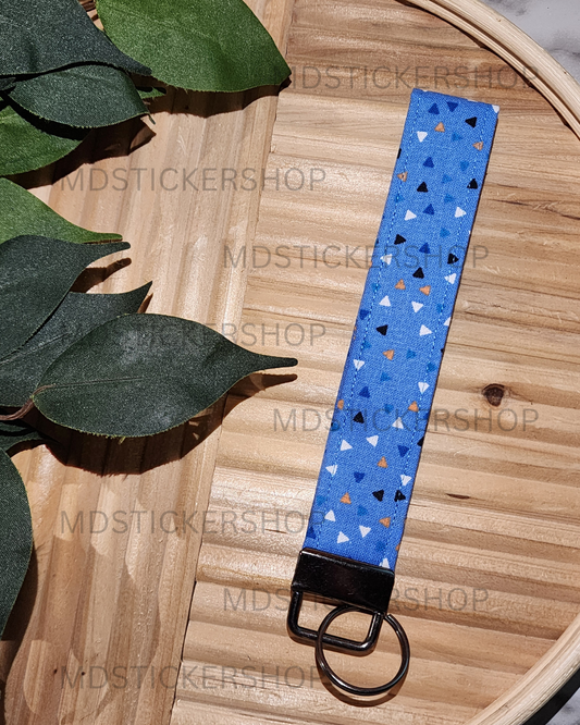 Blue Triangle Print Fabric Keychain, Key Fob