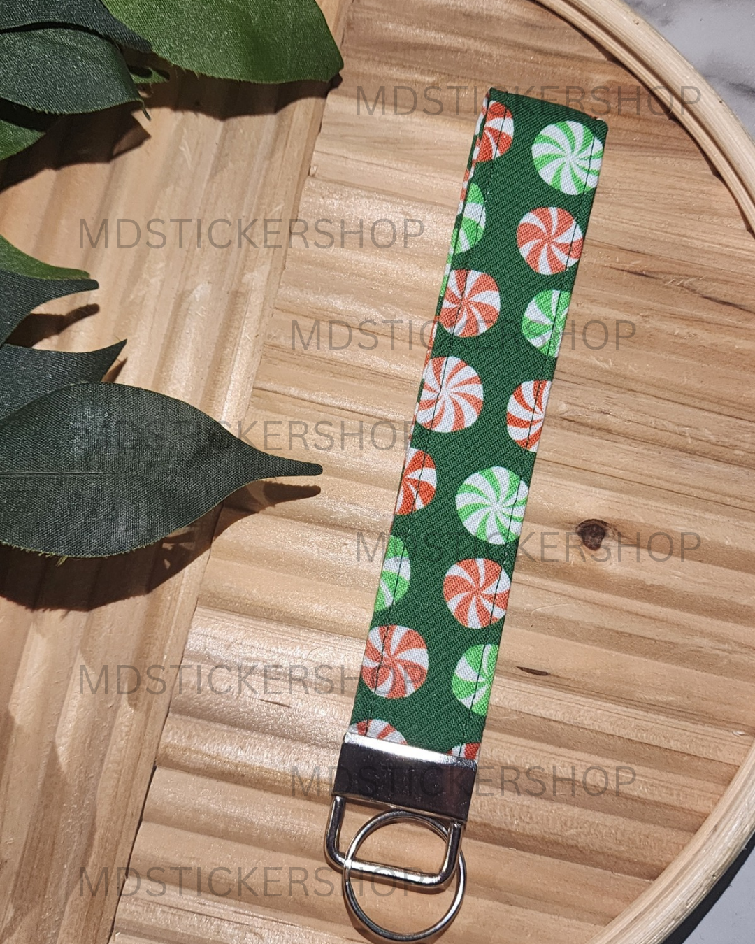 Holiday Peppermint Print Fabric Keychain, Key Fob