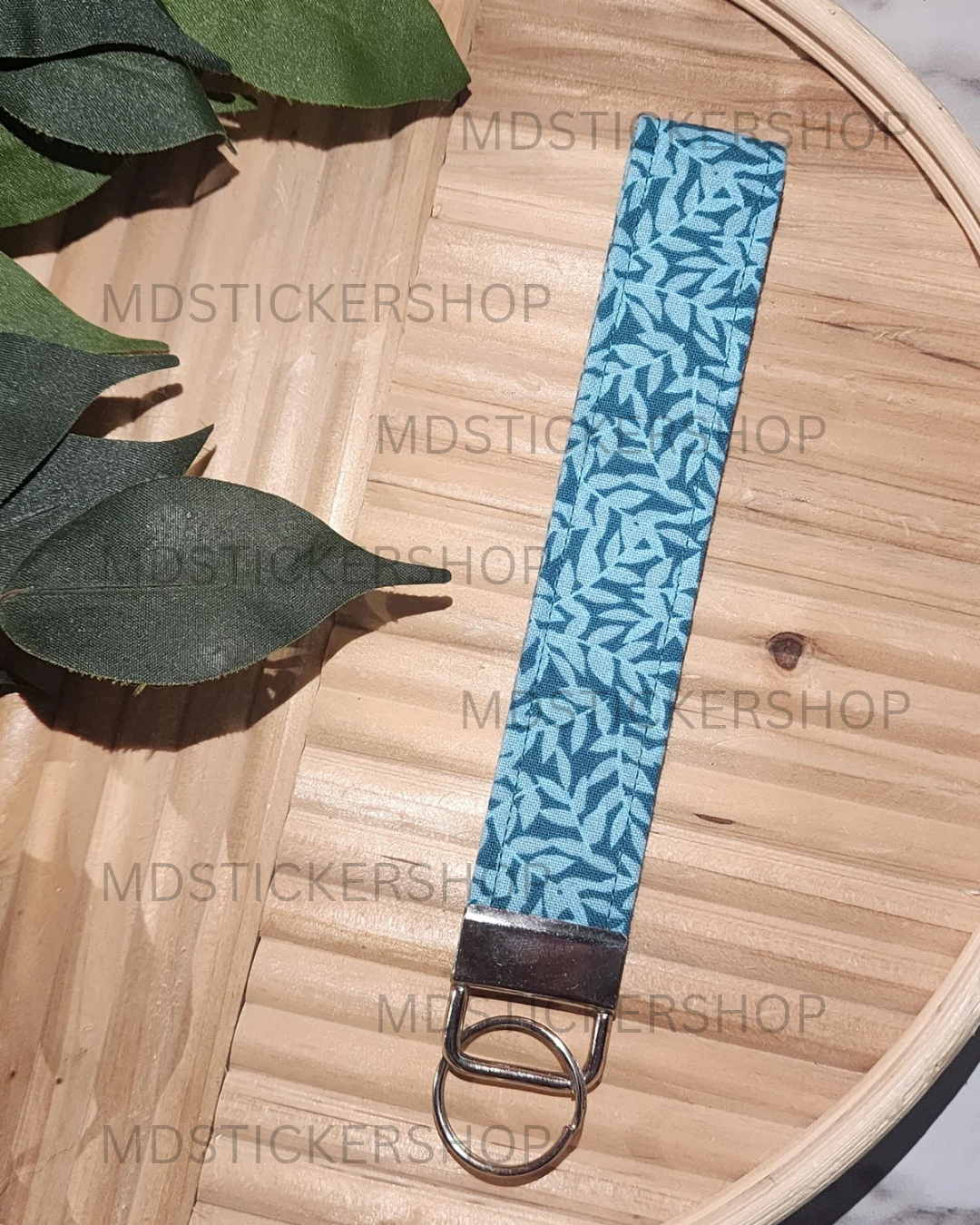 Blue Leaves Print Fabric Keychain, Key Fob