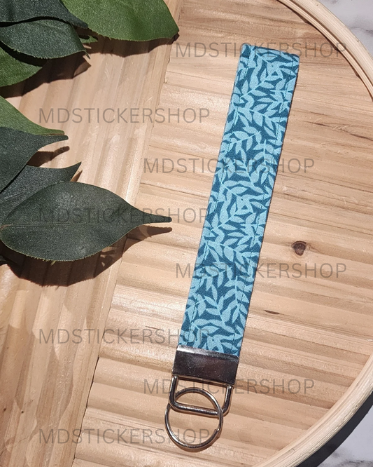 Blue Leaves Print Fabric Keychain, Key Fob