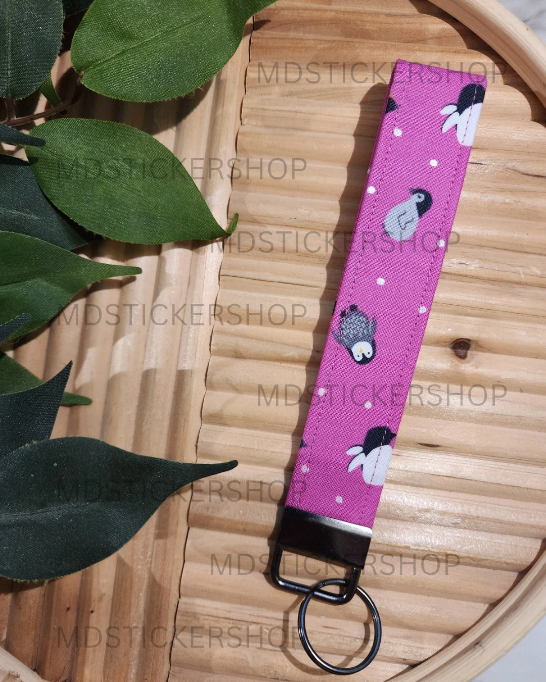 Pink Penguin Print Fabric Keychain, Key Fob