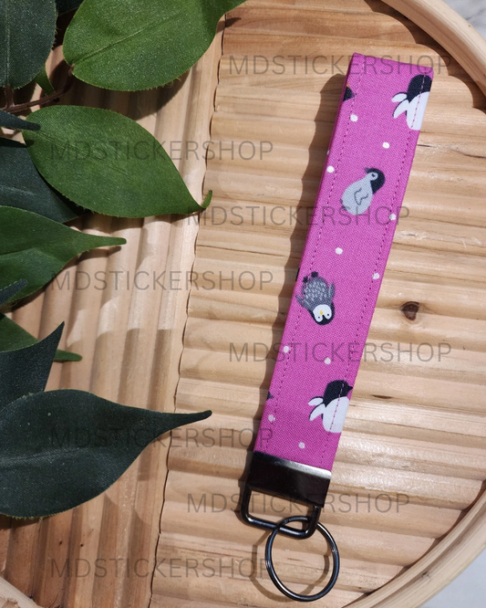 Pink Penguin Print Fabric Keychain, Key Fob
