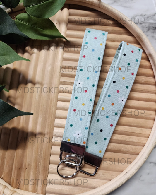 Mint Daisy Dot Print Fabric Keychain, Key Fob
