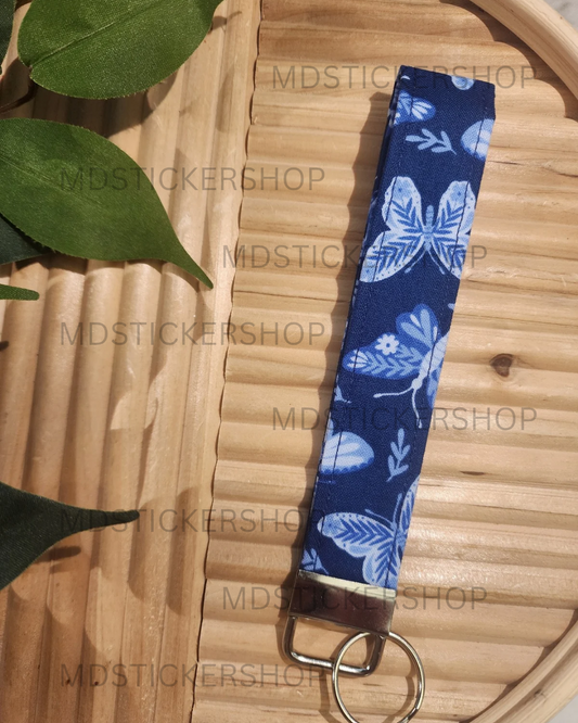 Blue Butterfly Print Fabric Keychain, Key Fob