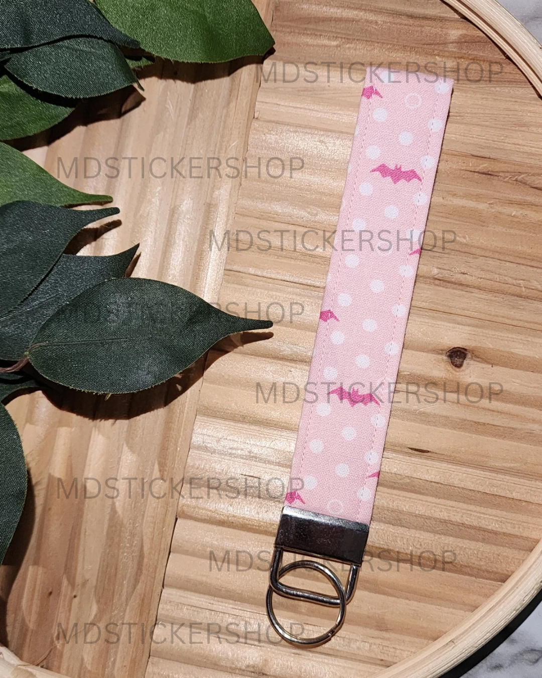 Pink Bat Print Fabric Keychain, Key Fob
