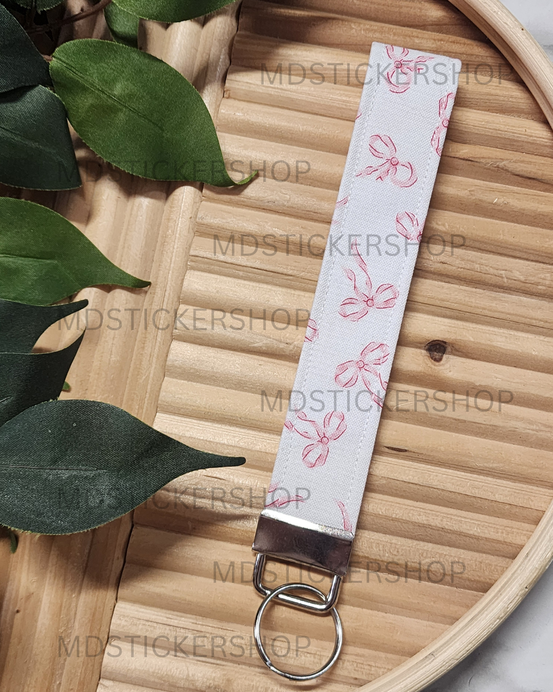 Pink Bow Print Fabric Keychain, Key Fob