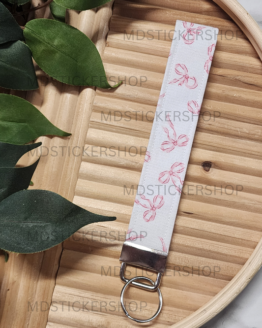 Pink Bow Print Fabric Keychain, Key Fob