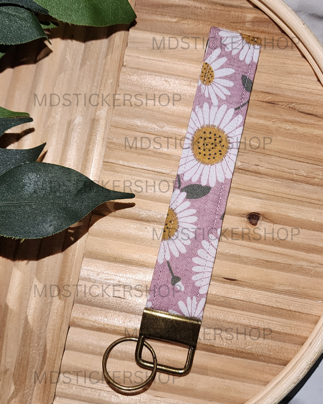 Mauve Sunflower Print Fabric Keychain, Key Fob